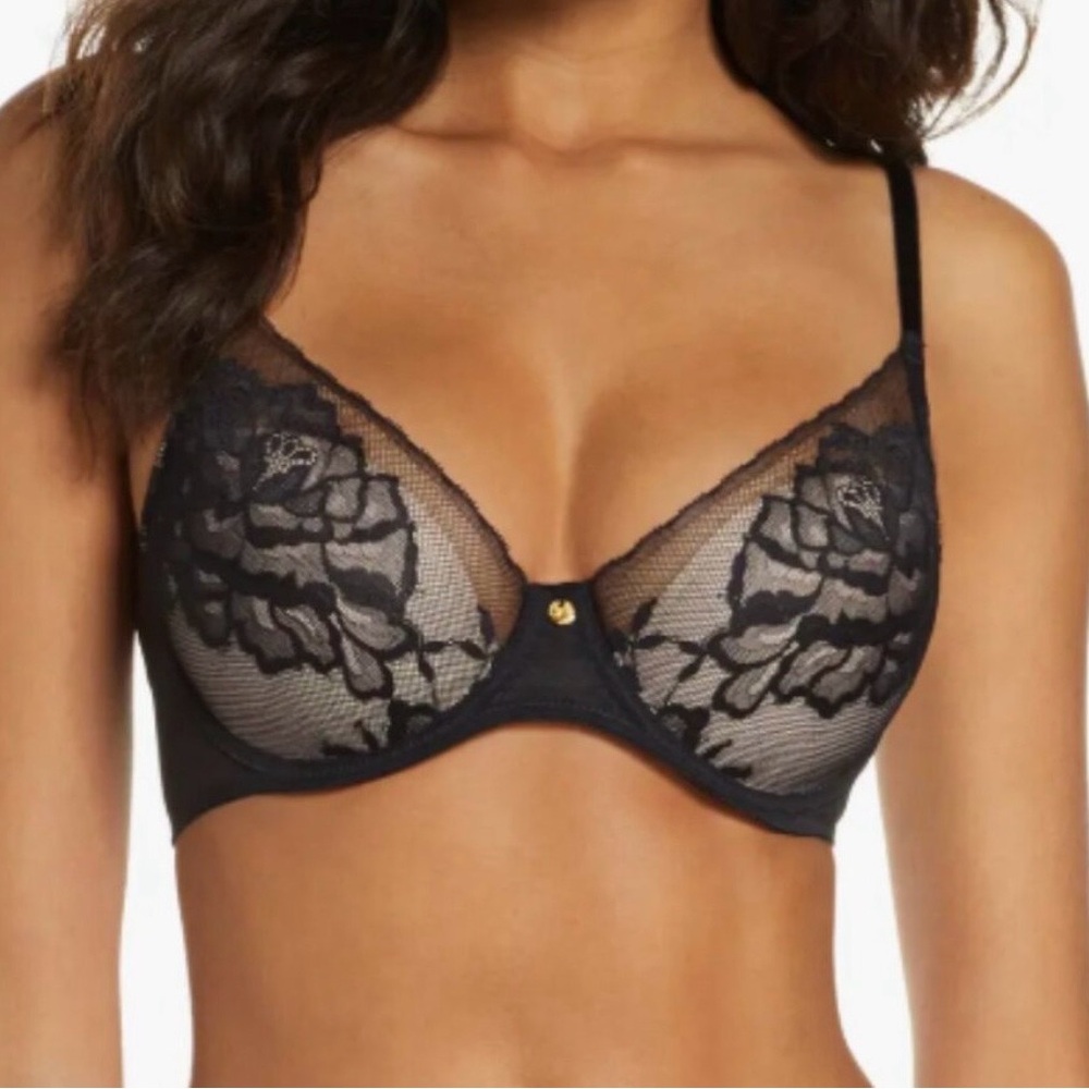 Natori Flora Contour Underwire Black Lace Bra, Size 34DDD